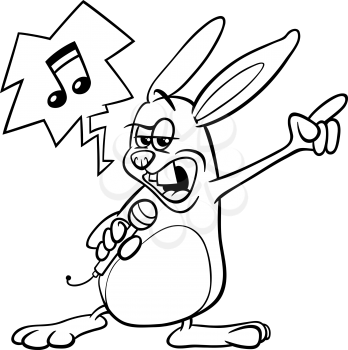 Black and White Cartoon Illustration of Funny Bunny Singing Rock Song for Coloring Book