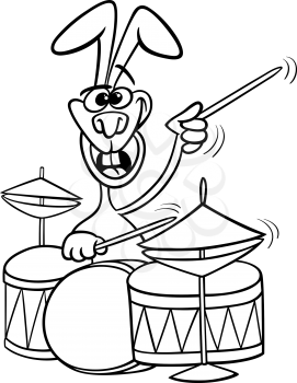 Black and White Cartoon Illustration of Funny Bunny Playing Rock on Drums for Coloring Book
