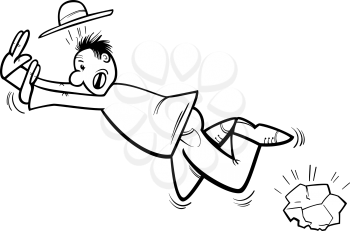 Black and White Cartoon Illustration of Funny Man Stumbling over a Stone for Coloring Book