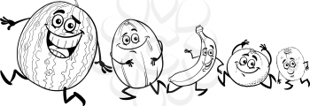 Black and White Cartoon Illustration of Funny Running Fruits Food Characters for Coloring Book