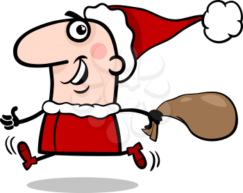 Cartoon Illustration of Running Santa Claus Character with Sack of Christmas Gifts