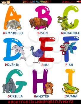Cartoon Illustration of Colorful English Alphabet Set with Funny Animals from Letter A to I