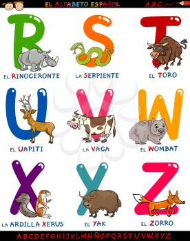 Cartoon Illustration of Colorful Spanish Alphabet or Alfabeto Espanol Set with Funny Animals from Letter R to Z