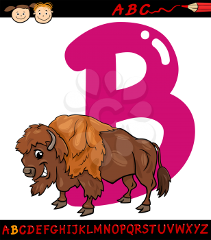Cartoon Illustration of Capital Letter B from Alphabet with Bison or Buffalo Animal for Children Education