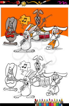 Coloring Book or Page Cartoon Illustration of Black and White Funny Rabbits Band Playing Rock Music Concert Group for Children