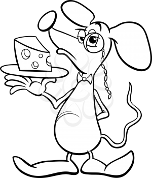 Black and White Cartoon Illustration of Connoisseur Mouse with Piece of Cheese for Coloring Book