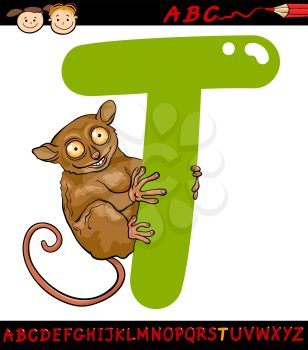 Cartoon Illustration of Capital Letter T from Alphabet with Tarsier Animal for Children Education