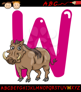 Cartoon Illustration of Capital Letter W from Alphabet with Warthog Animal for Children Education