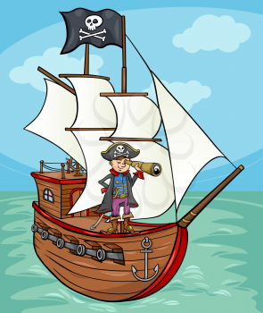 Cartoon Illustration of Funny Pirate Captain with Spyglass and Ship with Jolly Roger Flag