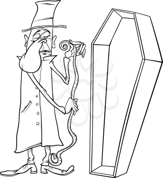 Black and White Cartoon Illustration of Undertaker with Centimeter Measure and Coffin for Coloring Book