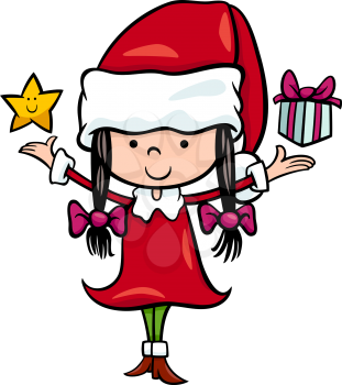 Cartoon Illustration of Santa Claus Girl Character with Christmas Star and Present