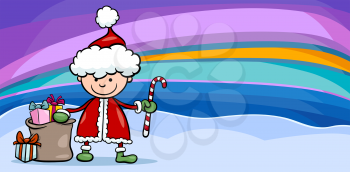 Greeting Card Cartoon Illustration of Cute Boy Santa Claus with Sack of Christmas Presents and Cane