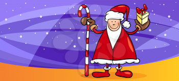 Greeting Card Cartoon Illustration of Santa Claus with Present and Cane