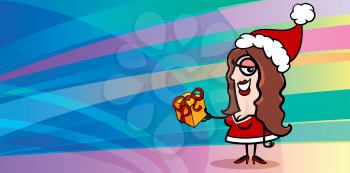 Greeting Card Cartoon Illustration of Santa Claus Woman with Christmas Gift