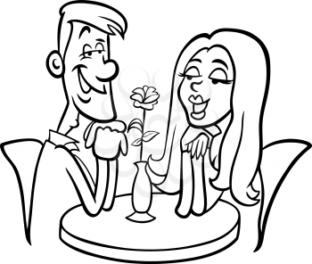 Black and White Cartoon Illustration of Young Couple in Love in the Restaurant or Cafe for Coloring Book