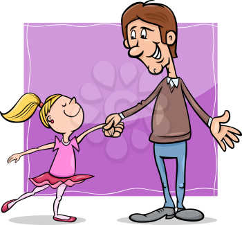 Cartoon Illustration of Father and Little Daughter Dancing Ballet