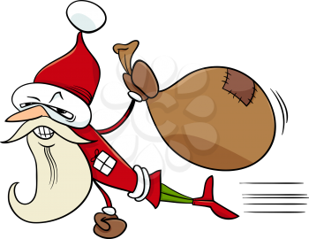 Cartoon Illustration of Superhero Santa Claus Character with Sack of Christmas Presents