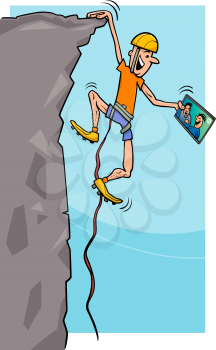 Cartoon Humorous Illustration of a Climber Man watching Movie on Tablet PC