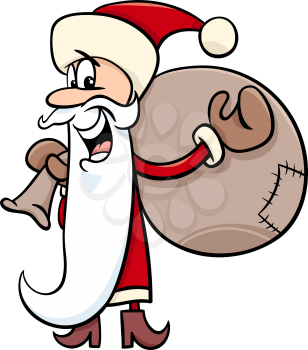 Cartoon Illustration of Santa Claus Character with Sack of Christmas Presents