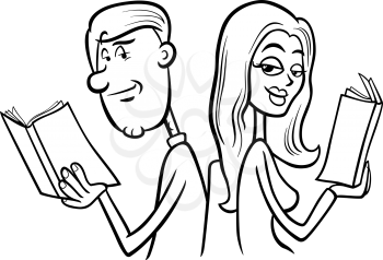 Black and White Cartoon Illustration of Young Couple in Love at First Sight for Coloring Book