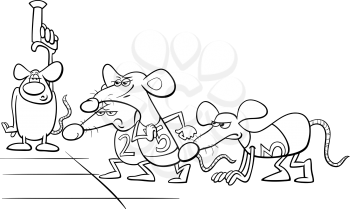 Black and White Cartoon Humor Concept Illustration of Rat Race Saying or Proverb for Coloring Book