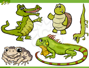 Cartoon Illustration of Funny Reptiles and Amphibians Set