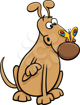 Cartoon Illustration of Funny Dog Character with Butterfly on his Nose