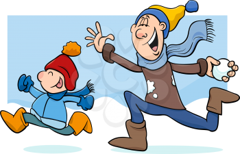 Cartoon Illustration of Father and Little Son Throwing Snowballs and Having Fun on Winter Time 