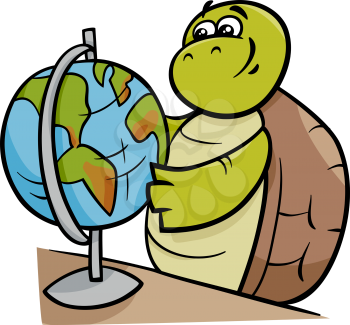 Cartoon Illustration of Funny Turtle Animal Character with School Globe