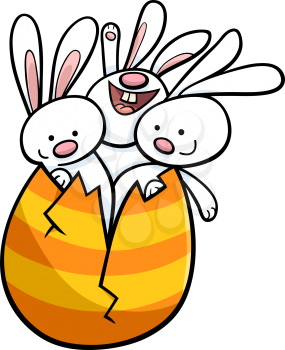 Cartoon Illustration of Cute Easter Bunnies in Colored Egg