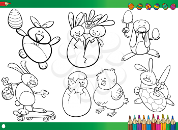 Happy Easter Themes Collection Set of Black and White Cartoon Illustrations with Bunnies and Chickens with Eggs for Coloring Book