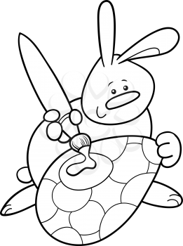 Black and White Cartoon Illustration of Cute Easter Bunny Painting Big Egg for Coloring Book