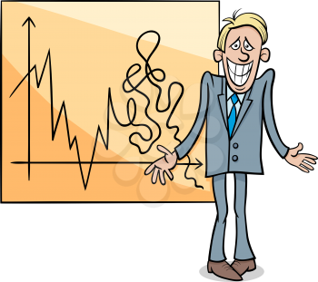 Concept Cartoon Illustration of Economic Crisis Diagram and Businessman with Cheesy Grin