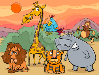 Cartoon Illustration of Scene with Wild Safari Animals Characters Group