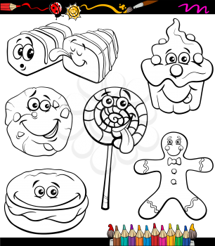 Coloring Book or Page Cartoon Illustration of Black and White Funny Sweets and Cookies Set