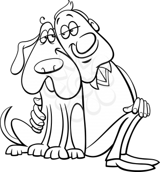 Black and White Cartoon Illustration of Happy Dog with his Owner for Coloring Book