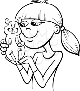 Black and White Cartoon Illustration of Teen Girl with Hamster Pet for Coloring Book