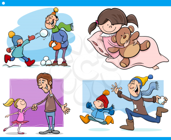 Cartoon Illustration Set of Fathers with Children