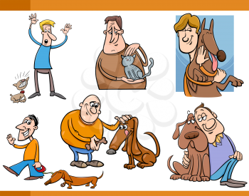 Cartoon Illustration of People with Pets Characters Set