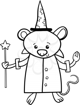 Black and White Cartoon Illustration of Cute Mouse Wizard Fantasy Character for Coloring Book
