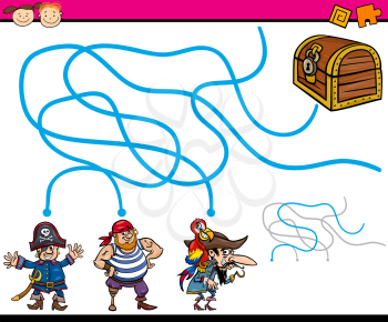 Cartoon Illustration of Education Path or Maze Game for Preschool Children with Pirates and Treasure