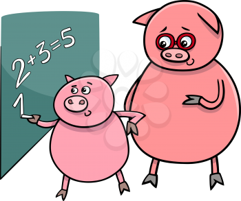 Cartoon Illustration of Funny Pig Animal Character on Math Lesson at Blackboard