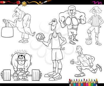 Coloring Book Cartoon Illustration of Sportsmen or Athletes Characters Set