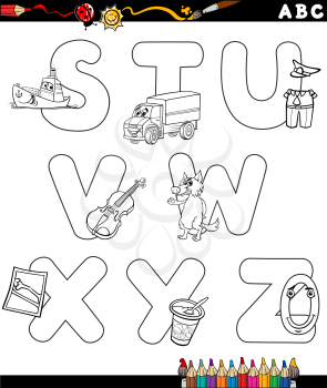 Black and White Cartoon Illustration of Capital Letters Alphabet with Objects for Children Education from S to Z for Coloring Book