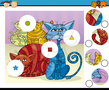Cartoon Illustration of Match the Pieces Educational Game for Preschool Children with Colorful Cats Fantasy Characters