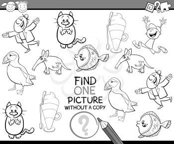 Black and White Cartoon Illustration of Finding Picture without a Copy Game for Preschool Children