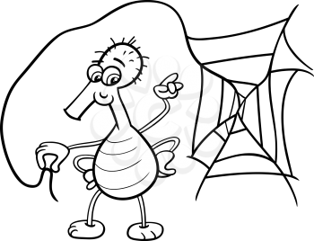 Black and White Cartoon Illustration of Funny Spider Insect with Web for Coloring Book