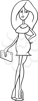 Black and White Cartoon Illustration of Beautiful Woman with Digital Tablet