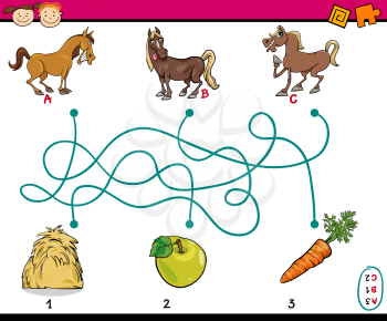 Cartoon Illustration of Education Paths or Maze Game for Preschool Children with Horses and Food
