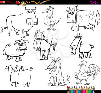 Coloring Book Cartoon Illustration Set of Farm Animals Characters